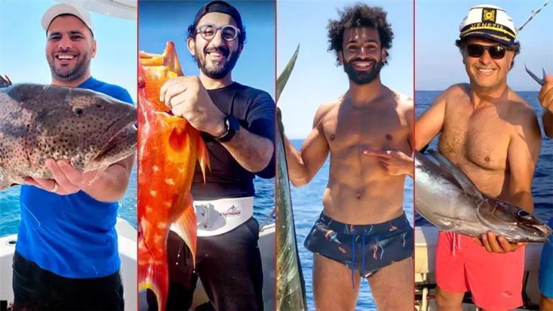 بالفيديو .. محمد صلاح ومتعب وراغب علامة وحلمى .. مشاهير صيد السمك